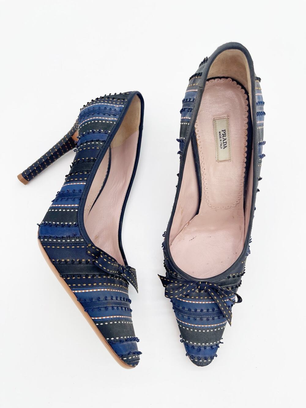 Prada Vintage Retro Blue Black Ribbon Striped Bow Pointed Toe Heels Pumps IT 36